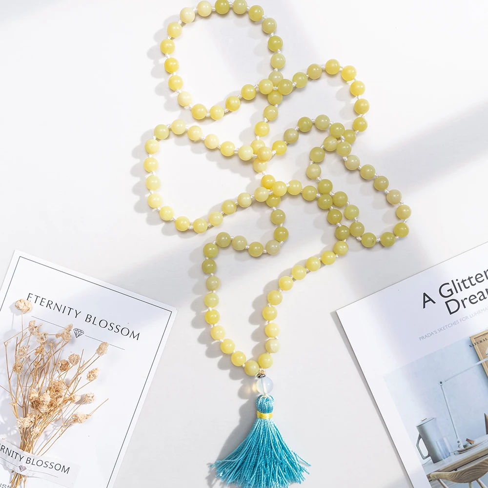 OAIITE Lemon Jade Natural Stone Necklace 108 Beads Mala Prayer Necklace Yoga Meditation Jewelry Tassels Pendant Necklace Gift