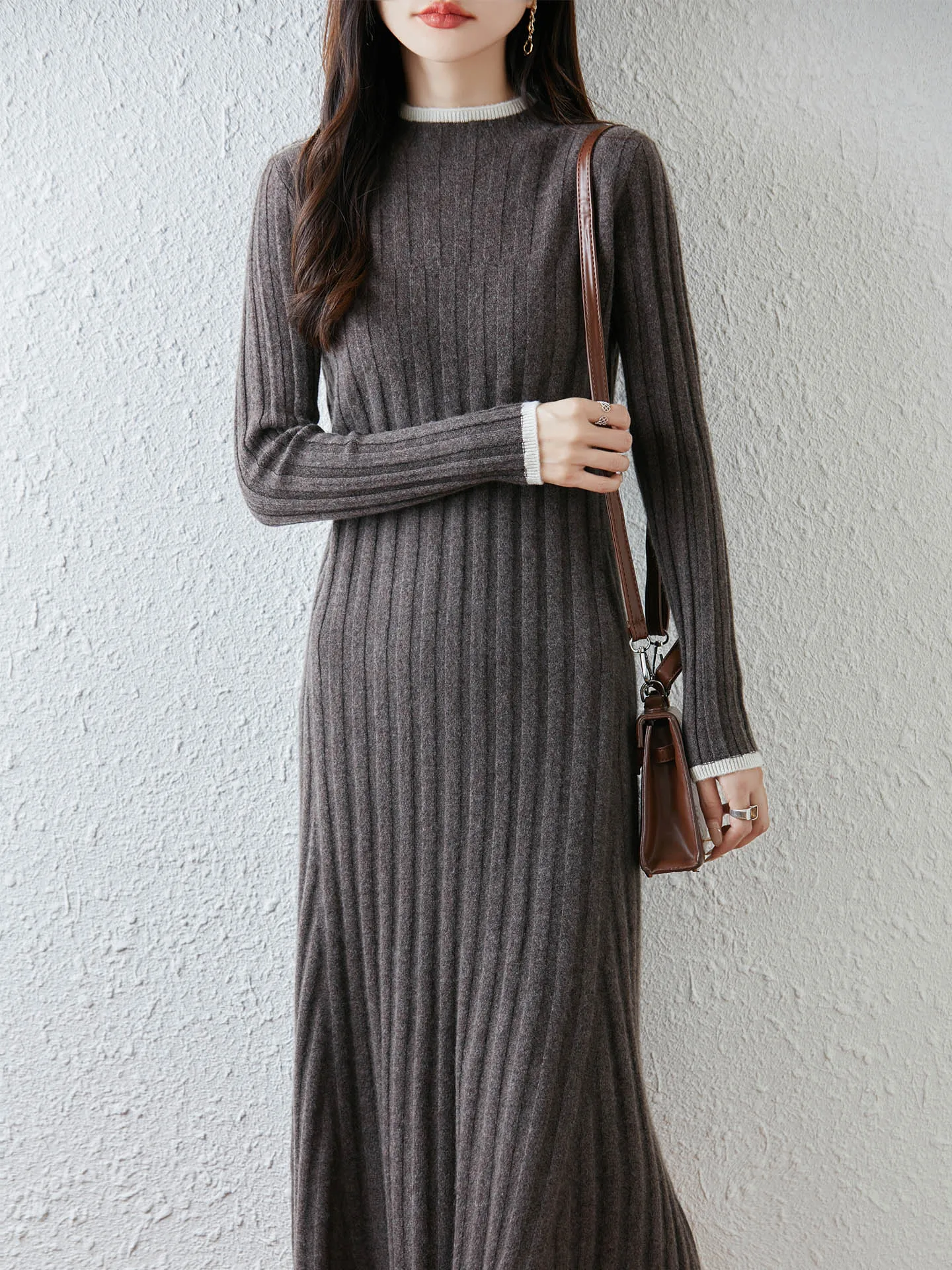 100% Merinowol Dames Lange Ronde Hals Trui Jurk Herfst Winter Casual Mode Zachte Kasjmier Gebreide Jurk