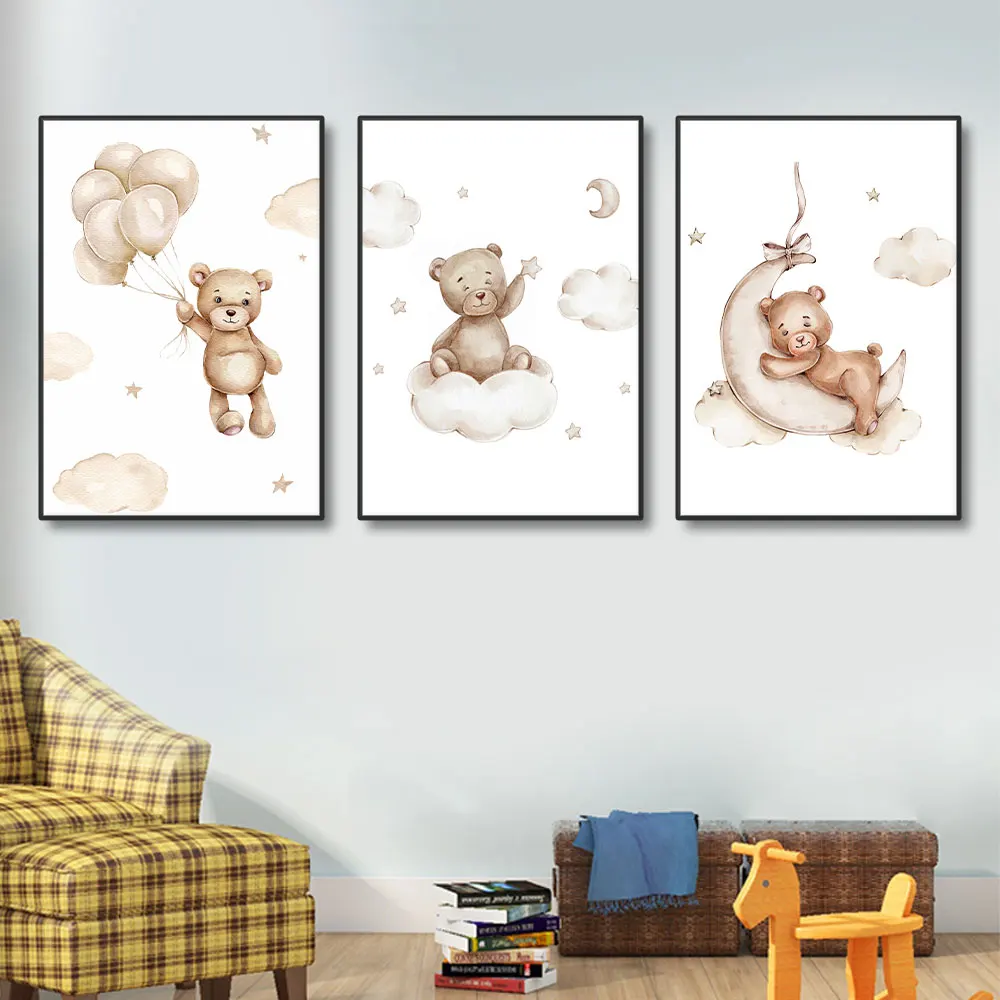 3PCS Frameless Cartoon Balloon Cloud Bear Posters Nursery Pictures Wall Art Canvas Paintings For Baby Kid's Boy Girl Bedroom