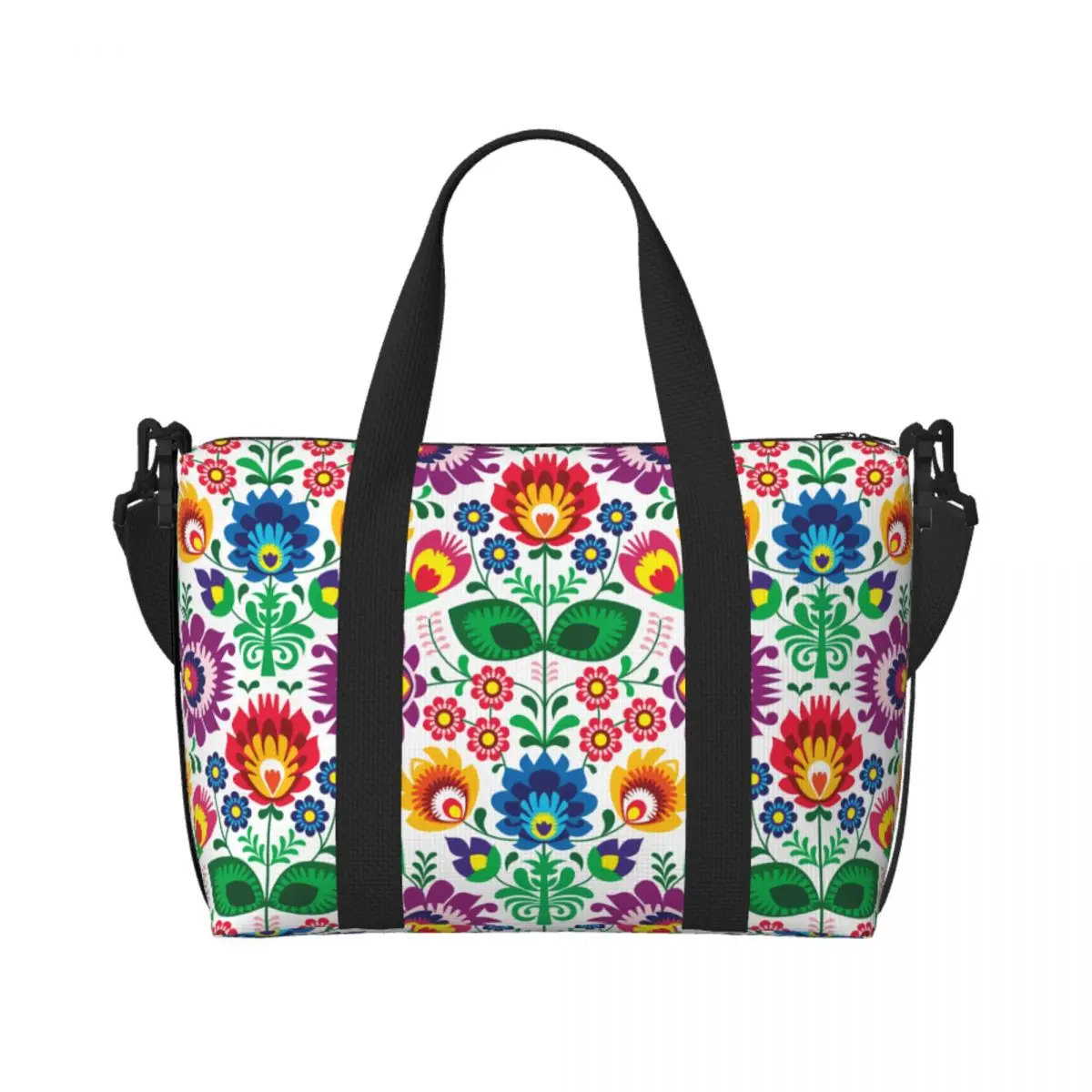 

Custom Traditional Polish Floral Pattern Beach Tote Bag Women Large Compartment Gym Beach Travel Bags