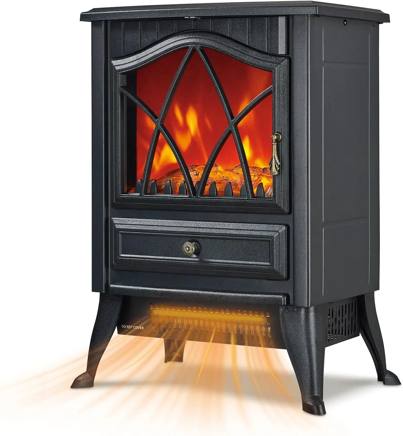 Fogão elétrico autônomo, 1500W com chama LED 3D realista, brilho e termostato ajustáveis, 2 configurações de calor, O