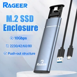 RAGEER Aluminum M.2 NVME SSD Mobile Hard Drive Enclosure, USB 3.2 Gen 2 10 Gbps to NVME M-Key/(B+M) Key SSD Enclosure, Push-Pull
