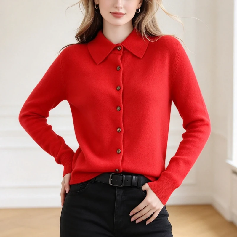 2026 Polo Collar Knitted Cardigan Long Sleeve Button Down Sweater Loose Fit Autumn Winter Casual Solid Color Soft Outerwear Top