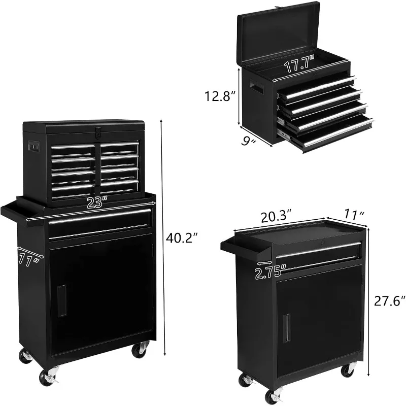 Cómoda para herramientas con ruedas de 5 cajones, gabinete de almacenamiento de herramientas con cajones, ruedas bloqueables, tapa desmontable y estante ajustable