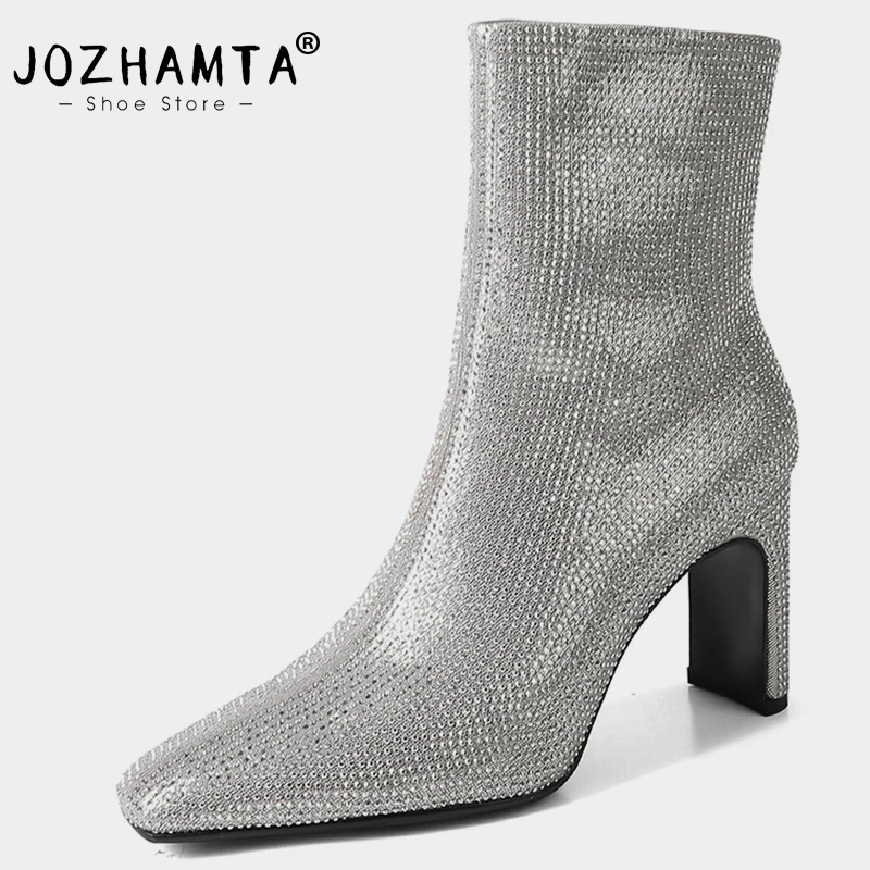 JOZHAMTA Size 34-40 Sparkly Rhinestone Ankle Boots Women Shiny Crystals Block High Heels Shoes Fall Winter Party Short Booties