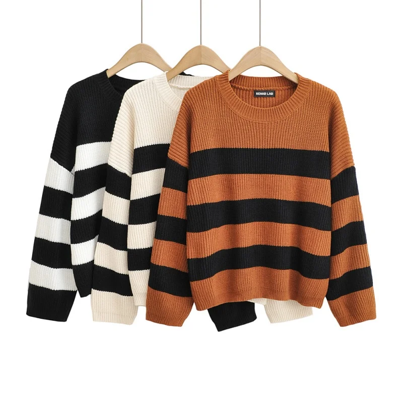 

Осень-зима 2025 г., круглый вязаный свитер в полоску, верхняя одежда для поездок на работу, повседневная теплая вязаная женская мода