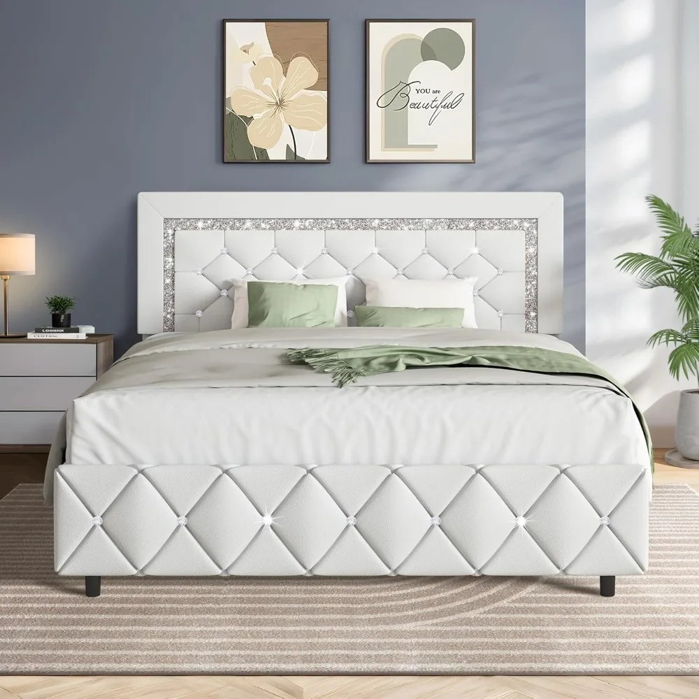 Full Platform Bed Frame with Upholstered Diamond Headboard, Mattress Foundation with Strong Wooden Slats Support