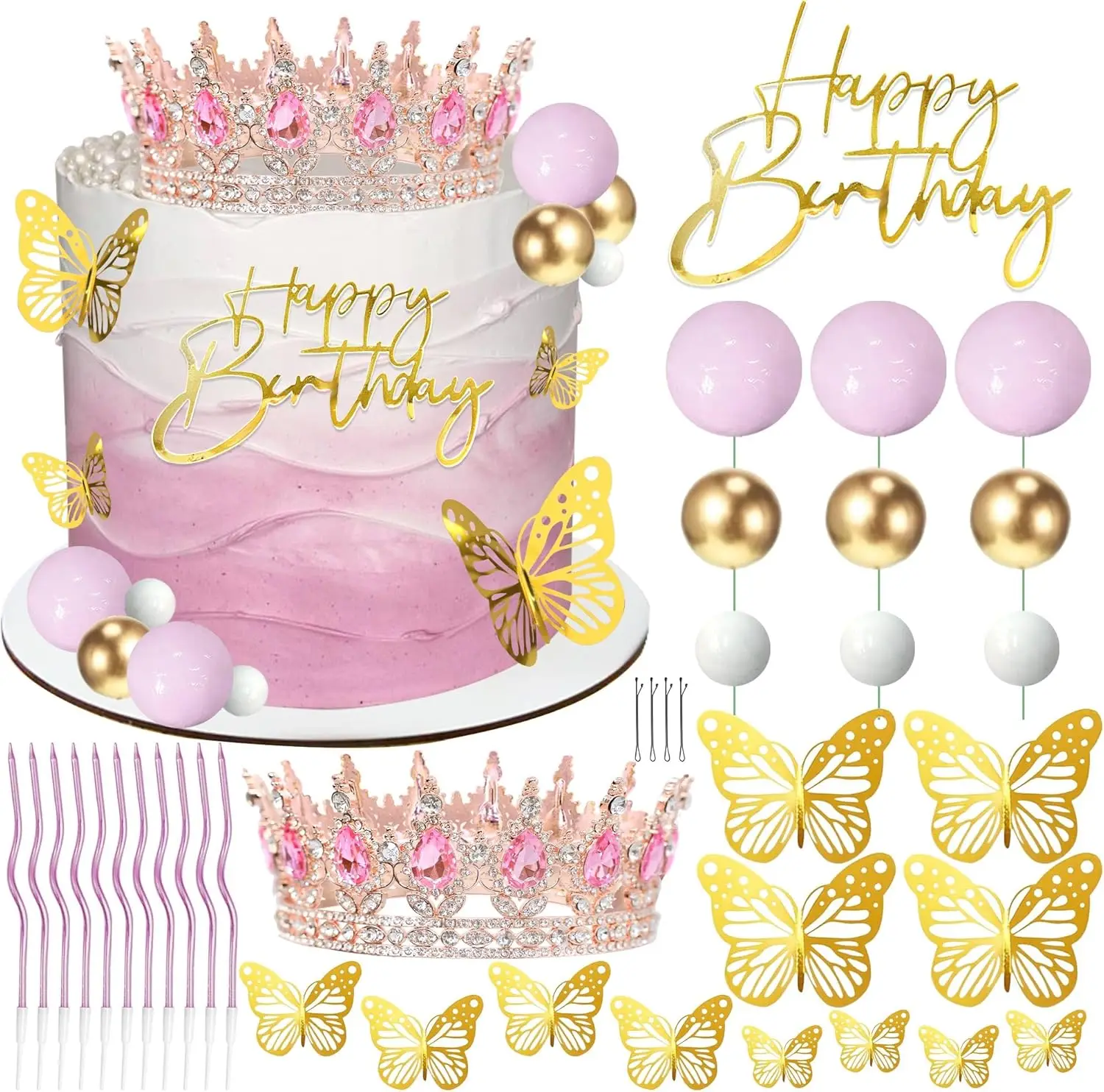 Kronen-Kuchenaufsatz, Kugeln, alles Gute zum Geburtstag, Kuchenaufsätze mit Kerzen, goldene Schmetterlinge, Kuchendekorationen für Hochzeit, Babyparty, Party