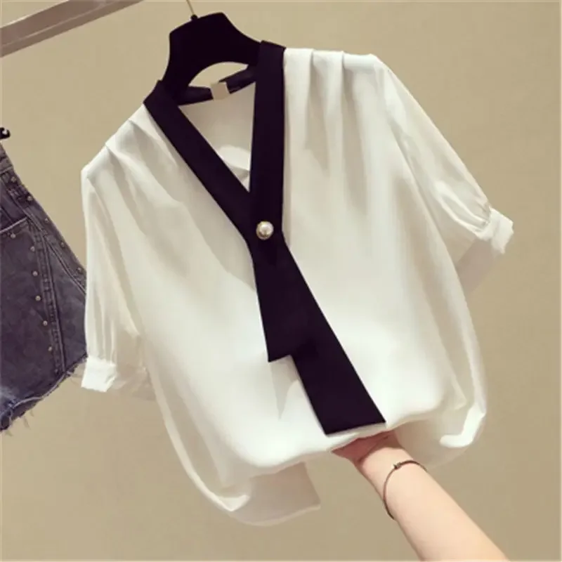 Oversized Temperament Elegant Short Sleeved V-neck Chiffon Shirt for Women's Summer New Loose Slimming Casual Unique Trendy Top