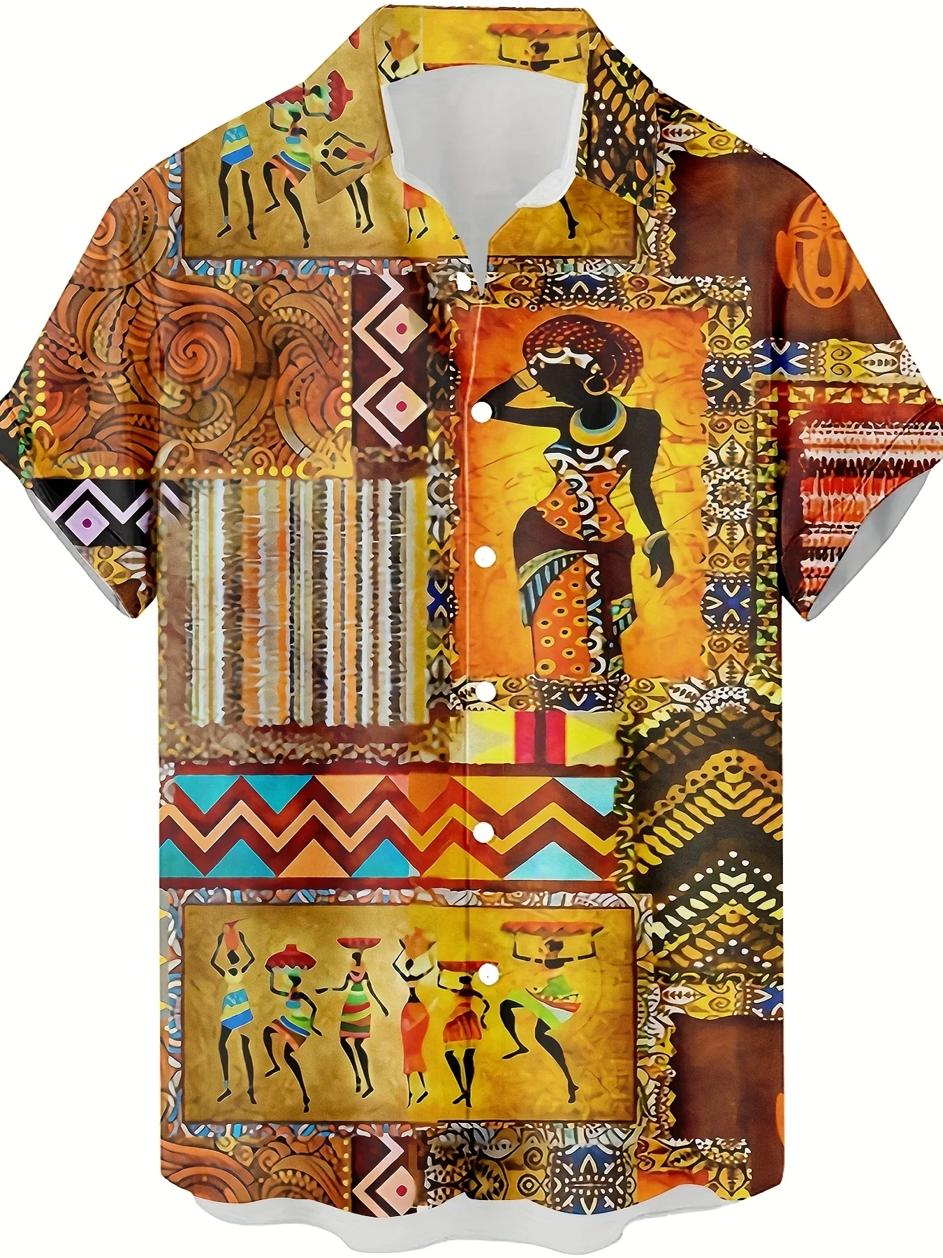 Men African Tribal Figure Print Short Sleeve Turn-down Collar Shirt Summer Beach Casual Button Down Streetwear Top