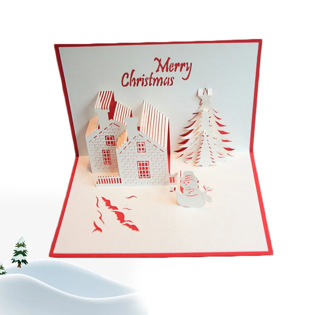 

TEHAUX Christmas Cards 3D Red Xmas Greeting Card Holiday Party Supplies New Year Anniversary Creative Message Tree Merry