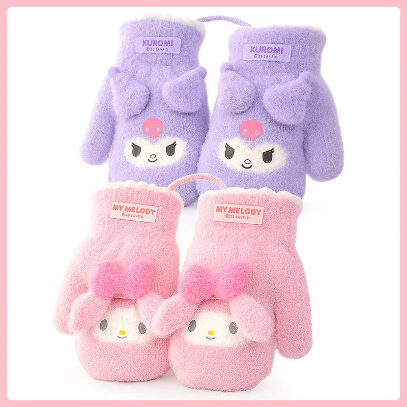 Kawaii Sanrio Plush Gloves Cartoon Children Kuromi My Melody Velvet Thickening Gloves Cold-proof Warm Lanyard Kid Christmas Gift