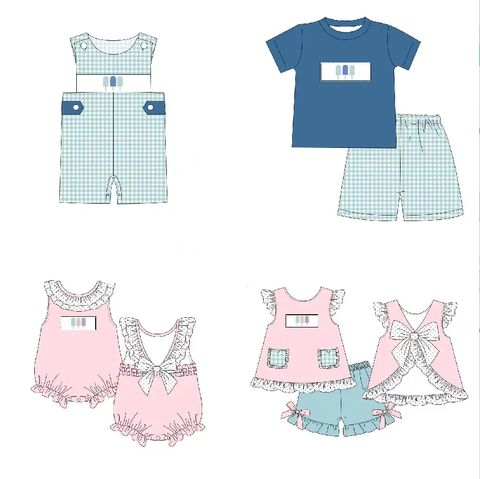 

New boutique children's set pearl popsicle print pocket flower shorts lace bow girl boy plaid shorts set baby romper