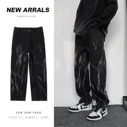Harajuku Fashion Casual Black Tie-Dye Jeans Men Straight Leg Chic Baggy Handsome American Oversize Pants High Street Ins Trend