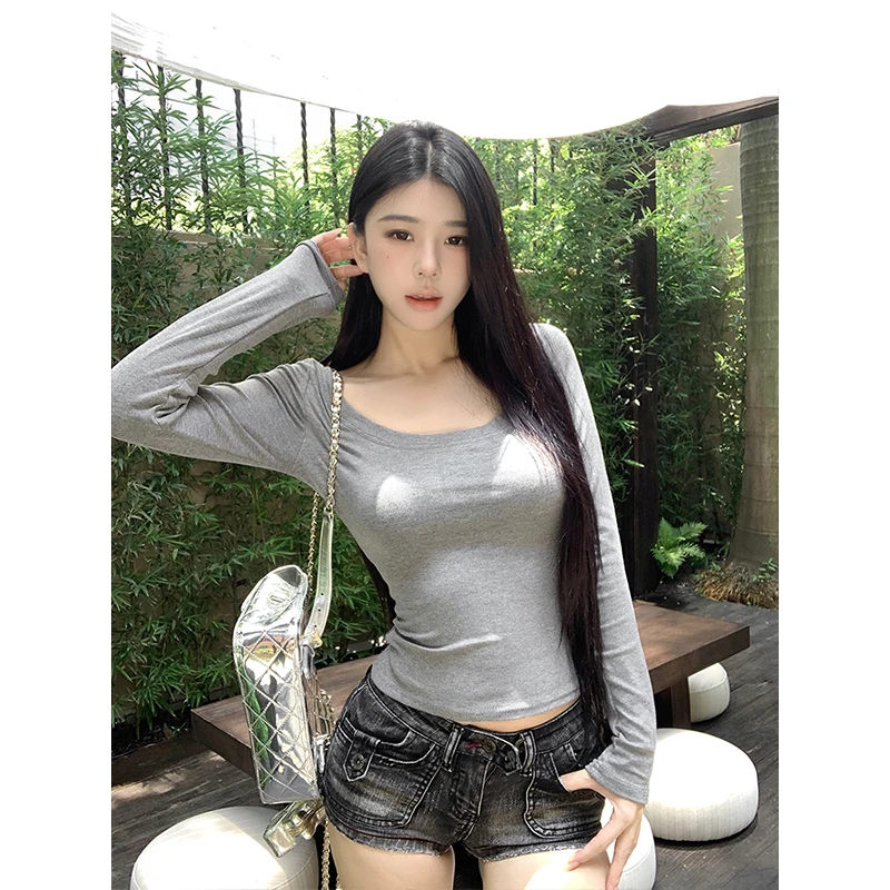 Afslanken ort Sve U-Ne T-shirt vrouwen Faion Herfst Nieuwe Sle Hoge Taille Ontwerp Lange Sve Base irt strakke Fit Top