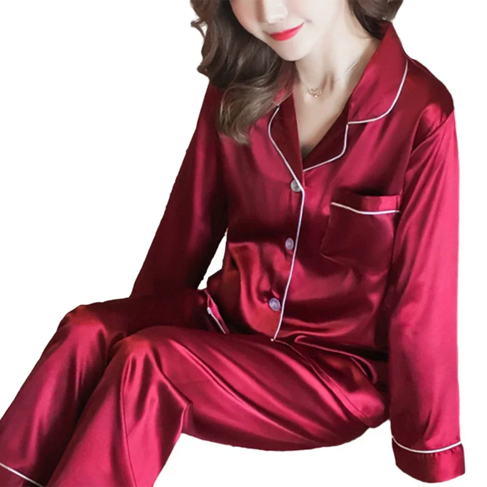 Women Satin Long Sleeve Pajama Set Lapel Top And Pants Solid Pajamas Loungewear 2024 New Arrival Drop-shipping