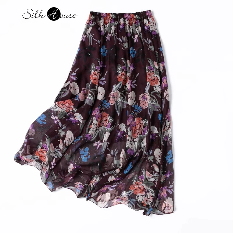 

Ink Wash Plant Flower Print Romantic and Elegant Elastic Waist 100% Natural Mulberry Silk Double-layer Large Swing Beach Skirt