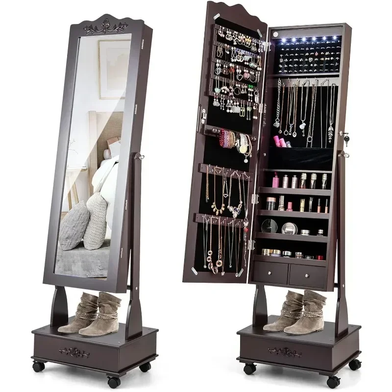 Jewelry Cabinet Armoire Freestanding, Lockable Organizer with 3-position Adjustable Angle, Wheels, Full-length Mirror