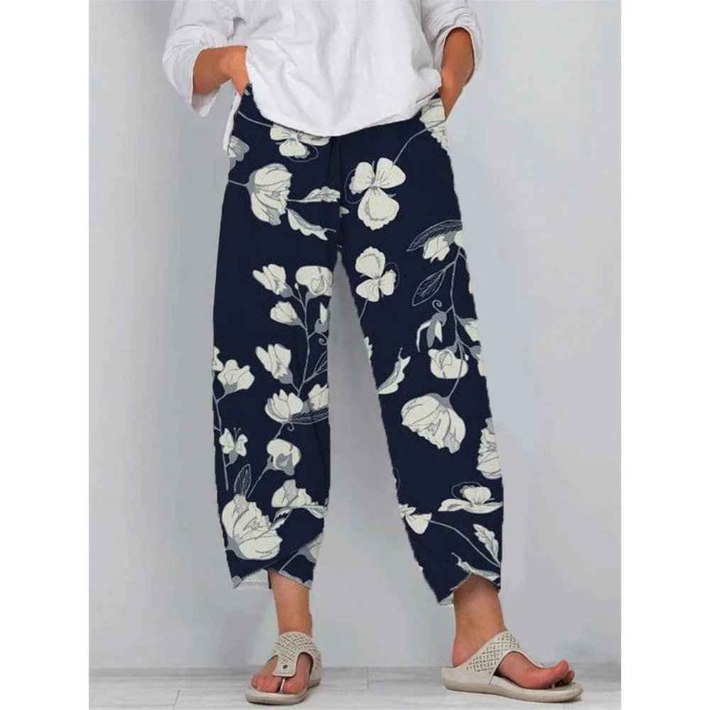 CLOOCL Women Pants Oversized Trousers Double Pocket Little Floral Print Comfortable Ankle Length Pants Female Sportswear