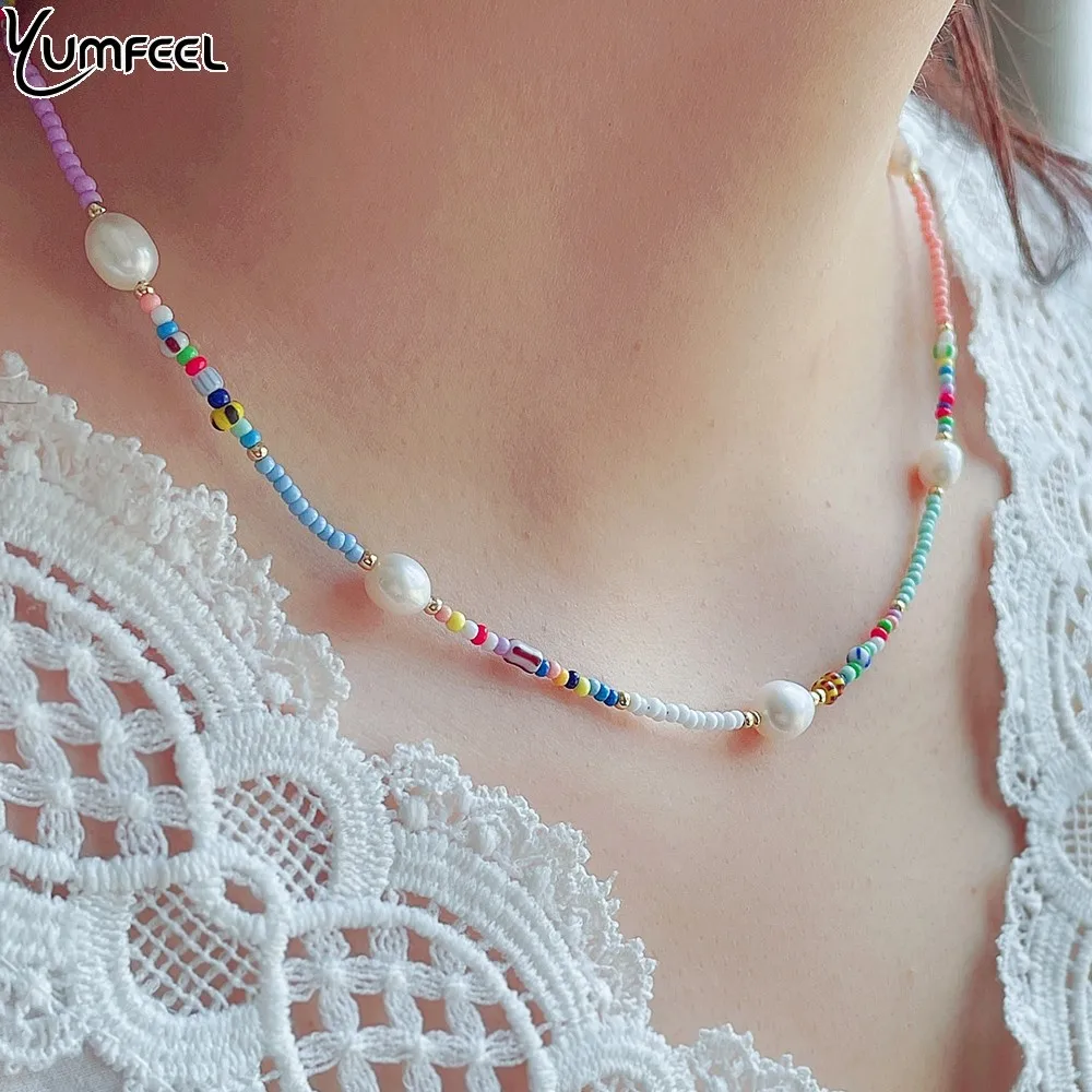 Yumfeel Natural Freshwater Pearls Macaron Color Beaded Bohemian Necklace Women Fashion Summer Jewelry