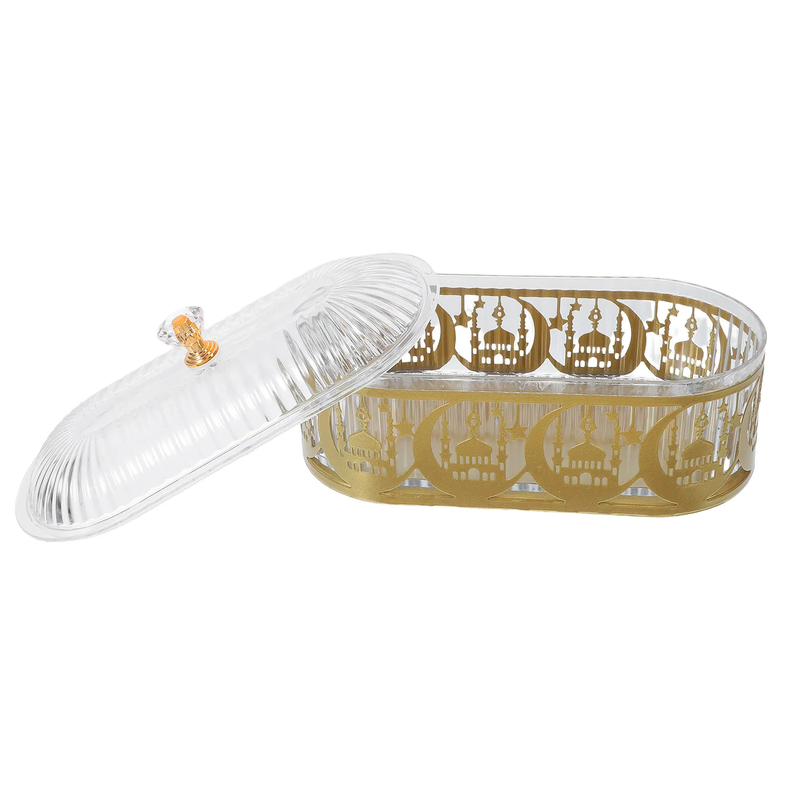 Ramadan Candy Jar Oval Shape Metal Gold Eid Mubarak Food Storage Container Cookie Tray Ramadan Serving Plate Moon Tray