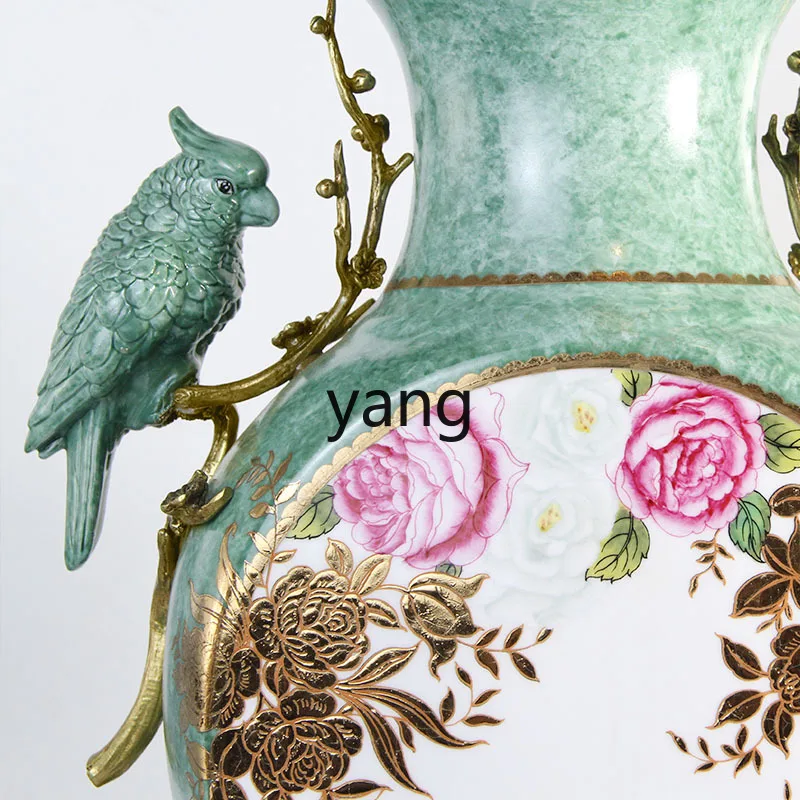 CX ceramic inlaid copper parrot hand-painted peony vase decoration