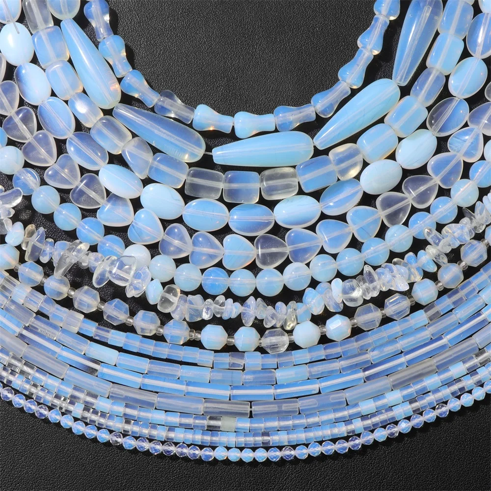 Smooth White Opal Stone Beads Round Faceted/Cylinder/Cube Chips Opalite Beads For Jewelry Making Bracelet DIY Accessories