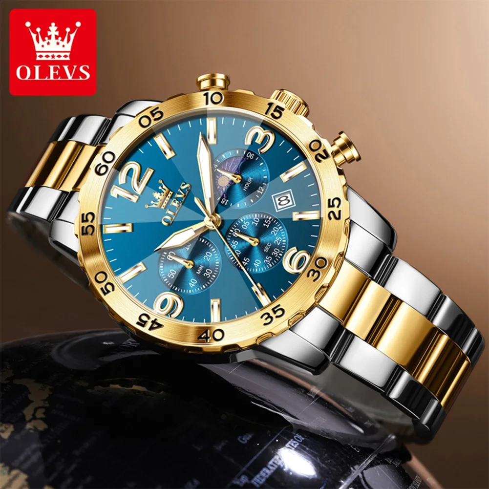 OLEVS 3678 Original Quartz Movement Watch Multi-functional Square Dial 24-hour Moon Phase Steel Bracelet Luminous Function Watch