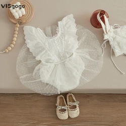 VISgogo Baby Mädchen Romper Kleid Prinzessin Neugeborenen Fly Hülse Rundhals Mesh Spitze Schichten Rock Blumen Overalls Geburtstag Kleidung