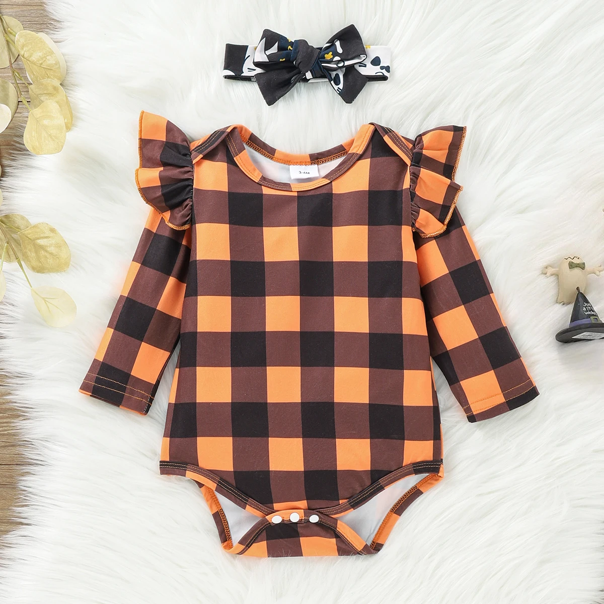 PatPat Halloween Style Party Dress Newborn Baby Girl Clothes New Born Kids Plaid Print Ruffle Decor Long-sleeve Orange Baby Set