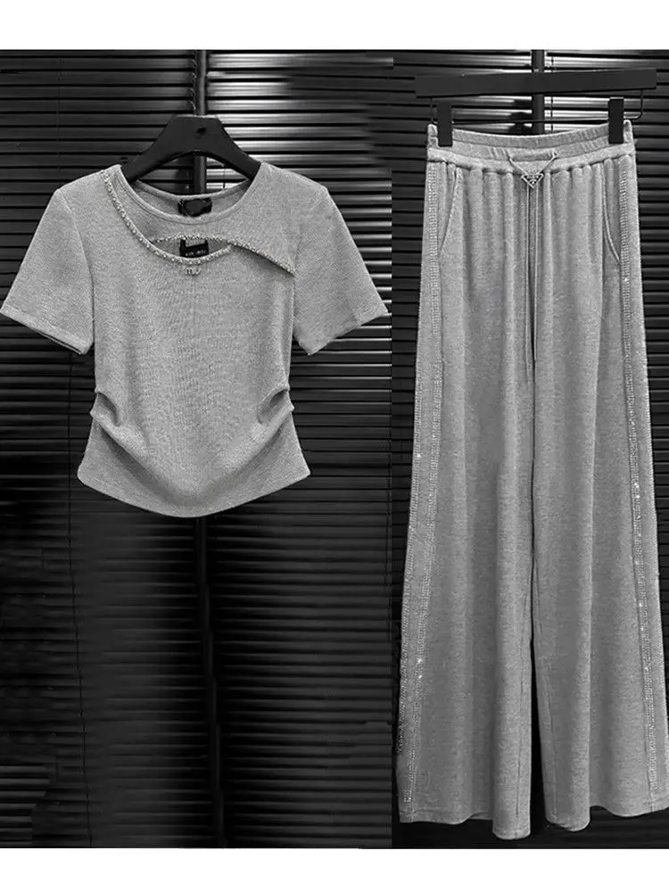 Cross Hollow Hot Diamond Short Sleeved T-shirt Wide Leg Pants Two-piece Set for Women\'s Summer Fashion Casual Two-piece Set