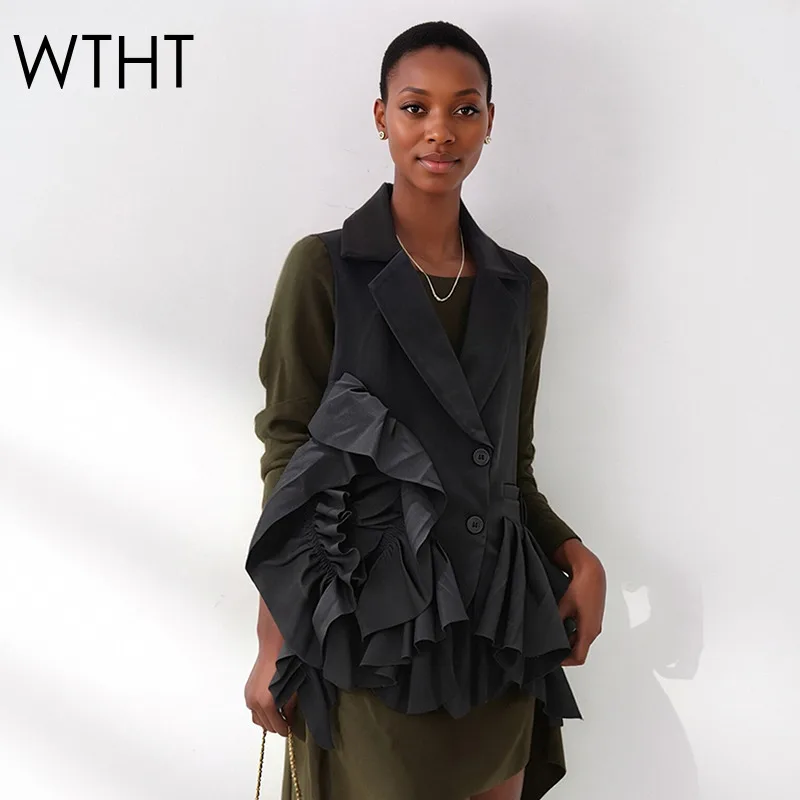 

WTHT Fashion 2026 Summer Women Flower Decoration Irregular Patchwork Vest Elegant Lace Edge Suit Collar Waistcoat Female 1LS3054