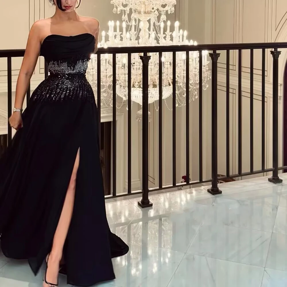 

Flechazo Strapless Black Evening Dress with Pleat and Beading Lace A-Line Satin Side Slit Floor Length Sweep Train Prom Gowns