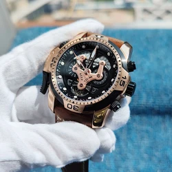 Reef Tiger/RT Brand Completed Calendar Sport Watches for Men Rose Gold Black Dial Brown Leather Strap Automatic Watches RGA3503