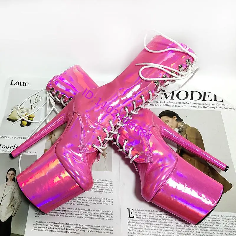 Women's 15cm High Heel Pipe Dance Thong Short Boots Sexy Laser Fluorescent Patent Leather with 5cm Platform