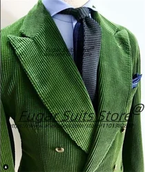 Fashion Green Corduroy Men Suits Slim Wide Peak Lapel Double Breasted Tuxedos 2 Pieces Sets Handsome Male Blazers Costume Homme