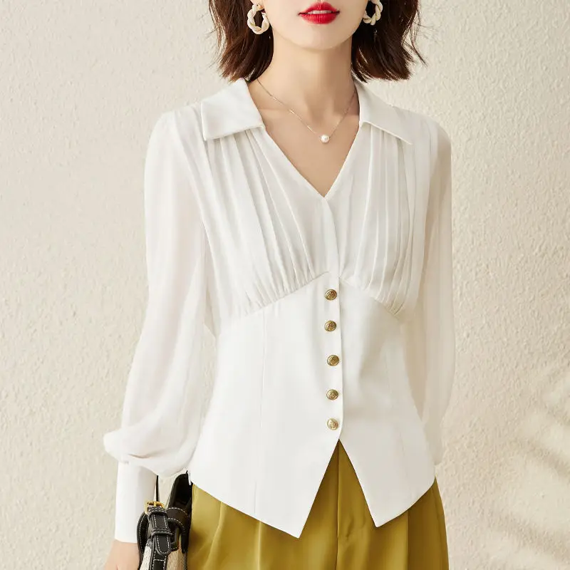 Elegant Chic Ruffled Slim Office Lady Business Casual Shirts 2023 Fashion Black White V Neck Long Sleeve Top Blouse Women Blusas