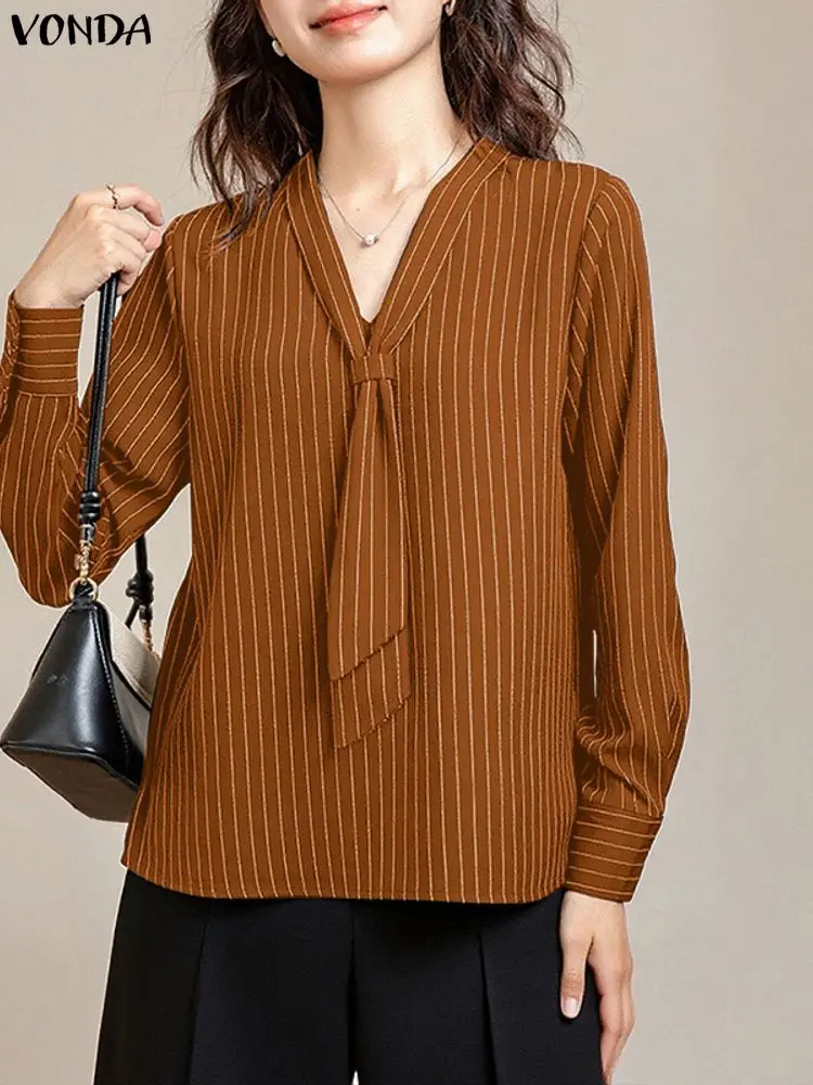 

VONDA Elegant Office Lady Blouse Women V-Neck Striped Shirts 2025 Fashion Long Sleeve Casual Print Loose Blusas Female Work Tops