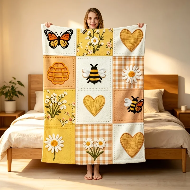 1pc Bee Daisy Heart‑Print Throw Blanket, Sofa & Bed Decor, Multi‑Holiday Home Gift