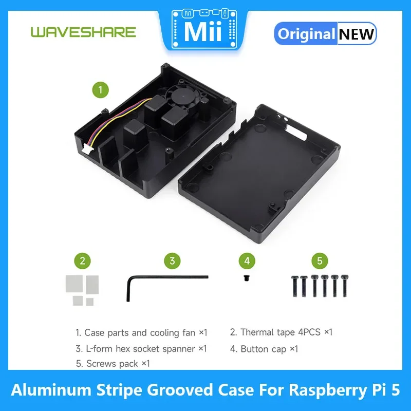Waveshare Aluminum Stripe Grooved Case For Raspberry Pi 5 Built-In Cooling Fan And Heatsink Pillars Suitable For Raspberry Pi 5