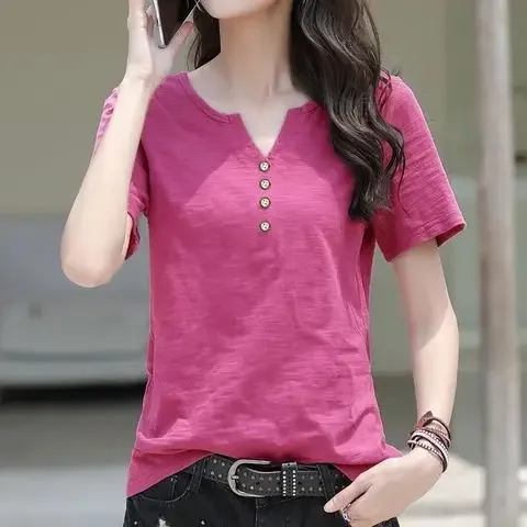 Women's V-neck T-shirt 2025 New Loose Large Size Women's Shirt Ins Top Short Sleeve T-Shirt Women's Blended Cotton