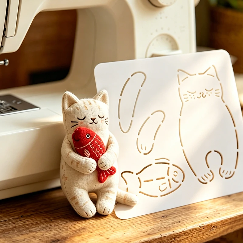 YOMDID 1pc Mini Cat and Fish Patchwork Template, DIY Cat and Fish Quilting Template, Washable and Reusable PET Sewing Template - view 2