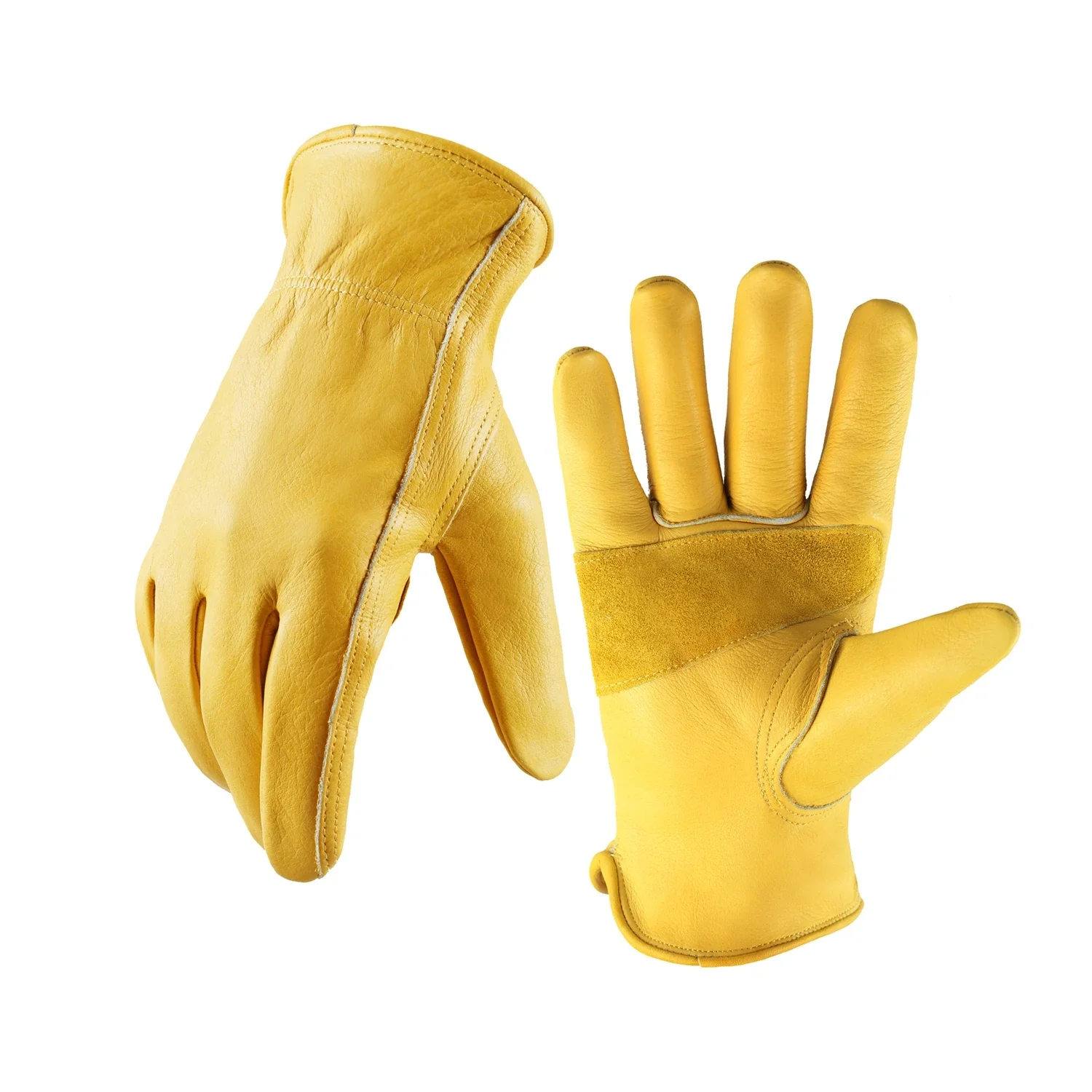 Heavy Duty Cowhide Leather Work Gloves, Canvas Back & Stretch Knit Cuff, Wear Resistant Protective Safety Gloves for Constructio