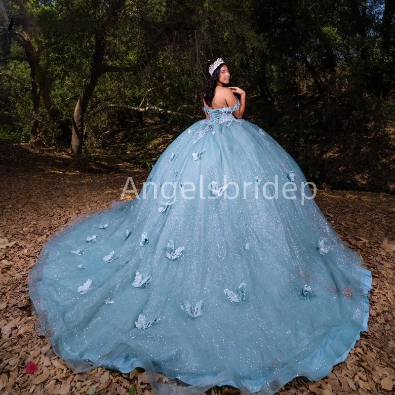 Angelsbridep-Vestido de baile azul romântico com borboleta, vestido Quinceanera, espartilho, vestidos de baile, vestido nupcial, 15 anos