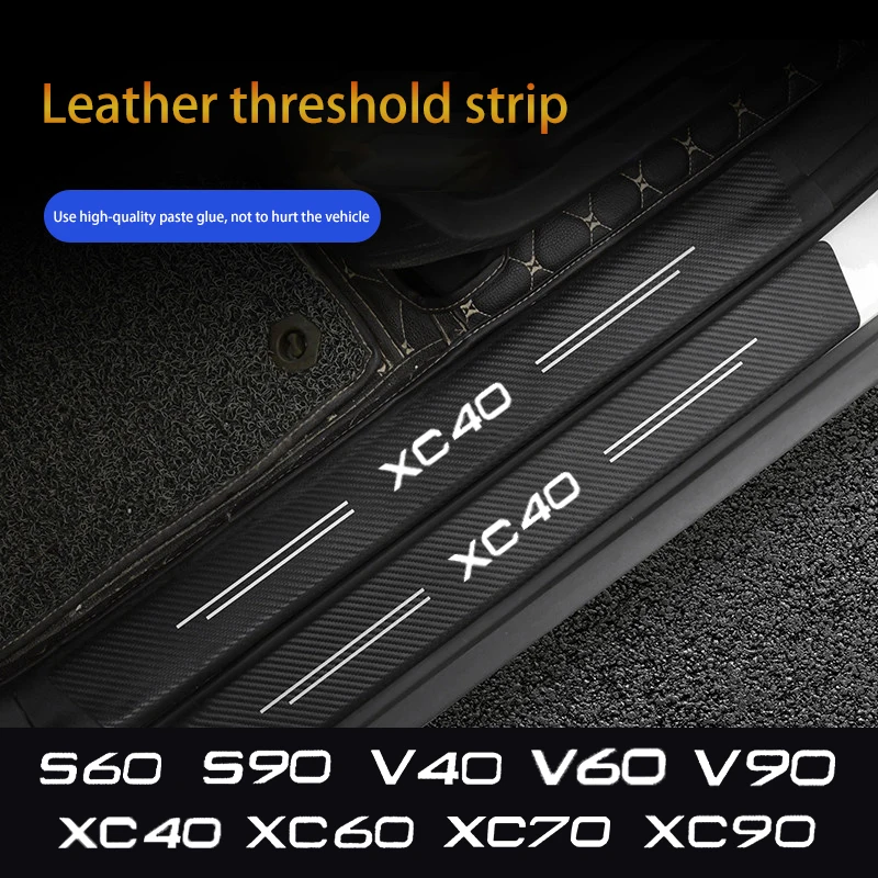 4pcs Car Door Sill Protector Stickers For Volvo S60 S90 V40 V60 V90 XC40 XC60 XC70 XC90 Leather Carbon Fiber Decor Decal