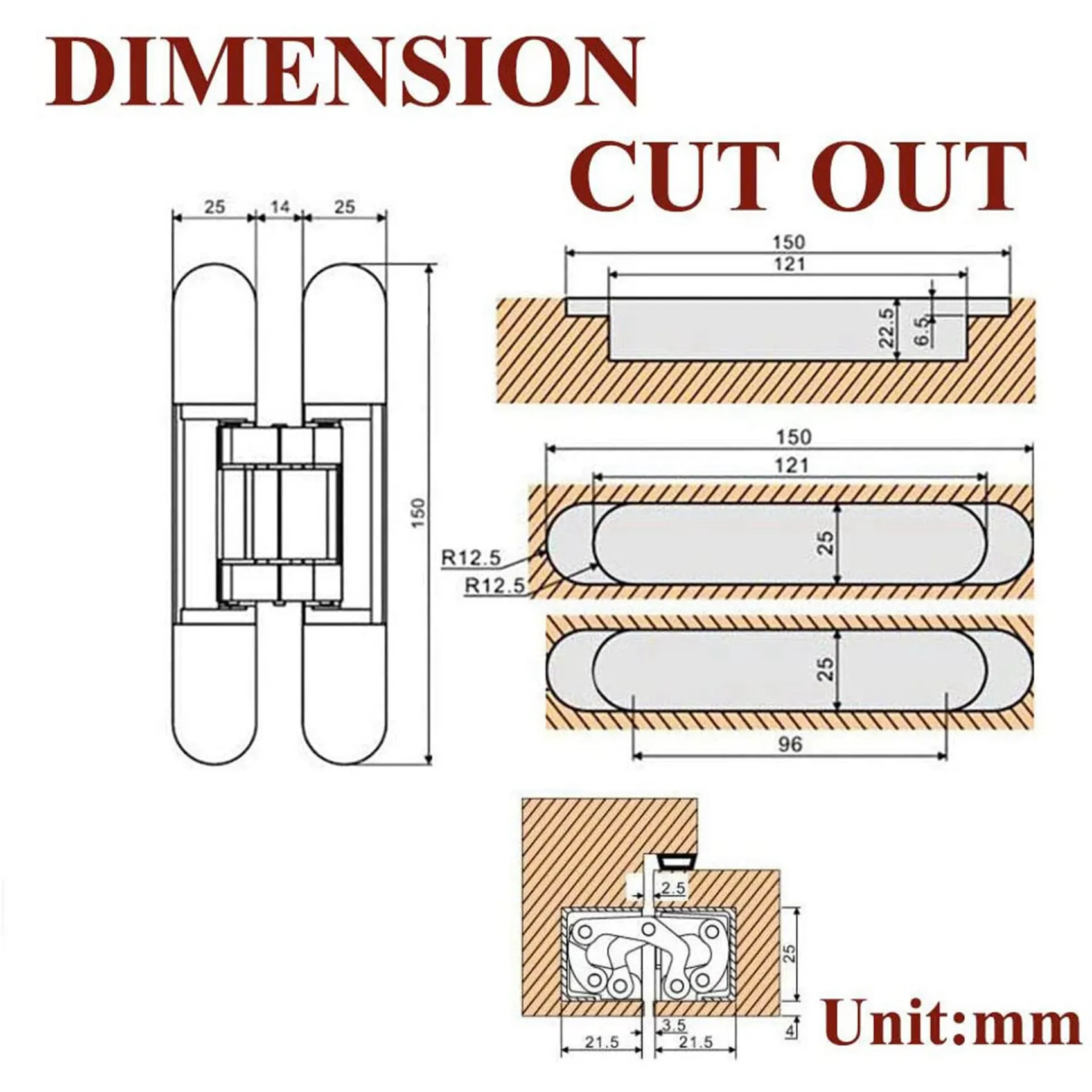 

4 шт. 6-дюймовые скрытые дверные петли, невидимые петли, скрытые петли с углом раскрытия 180 градусов, 3-сторонние регулируемые петли A