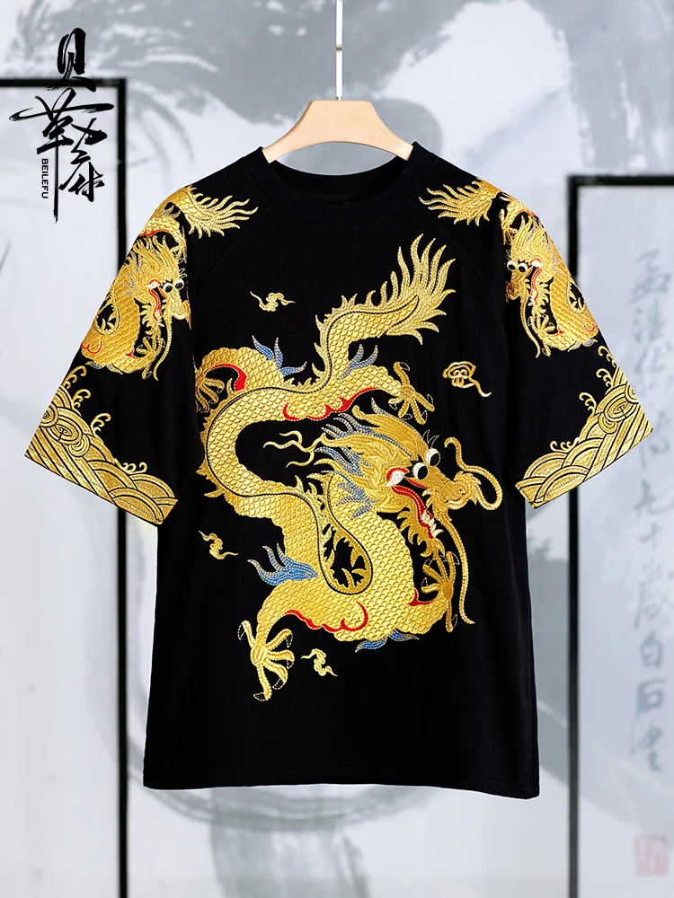 Chinese Style Men's Gold Dragon Robe Embroidery T Shirt Man Emperor National Trend Short Sleeves Black