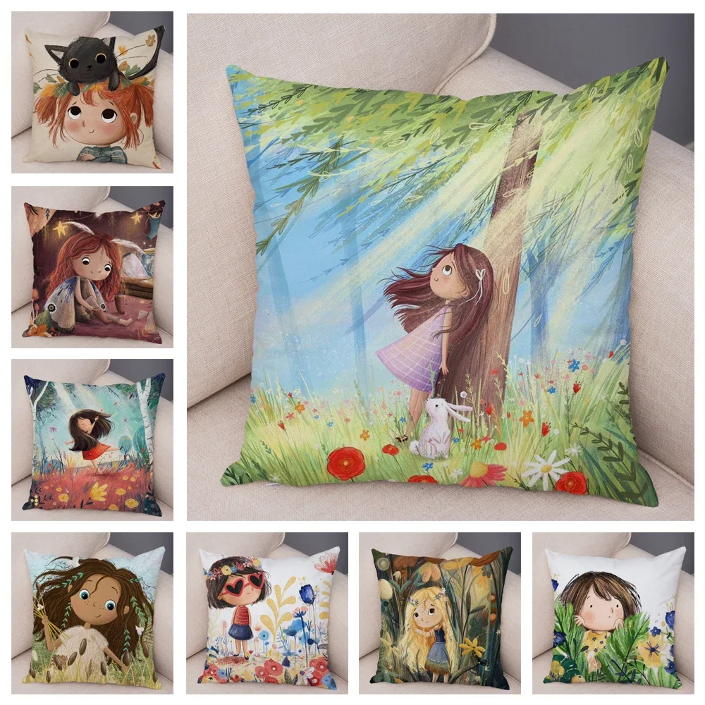 

Super Soft Pillow Case for Sofa Home Watercolor Cartoon Girl Cushion Cover Decor Fairy Tale World Lovely Child Pillowcase