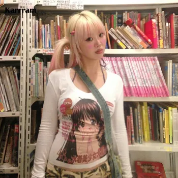 Karrram اليابانية Y2k أنيمي تي شيرت مطبوع 2000s جماليات كم طويل تي شيرت خمر Harajuku الخامس الرقبة بلوزات بيضاء Kawaii لوليتا