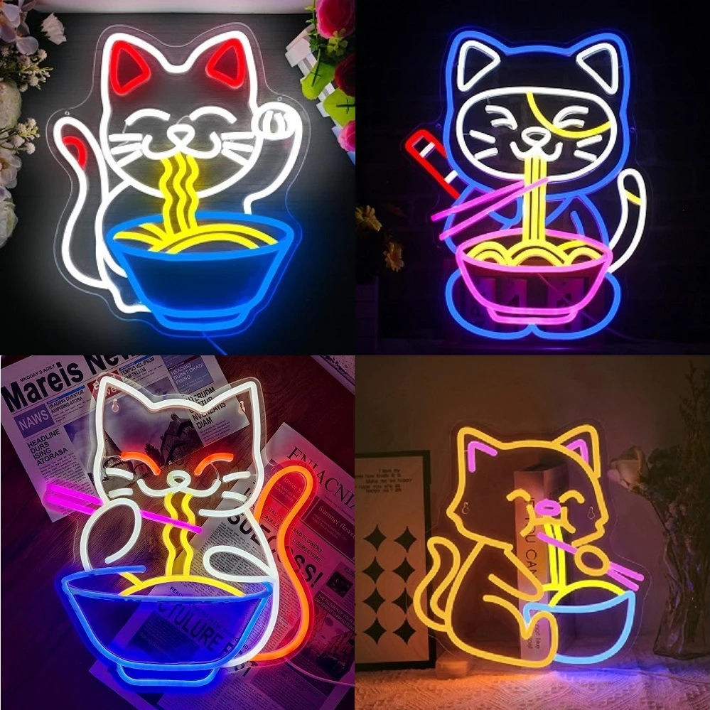 

Ramen Cat Lucky Neon Signs Noodles Shop Wall Decoration Business Store Led Lights Up Sign for Restaurant Food Shop Lamp Dimmable